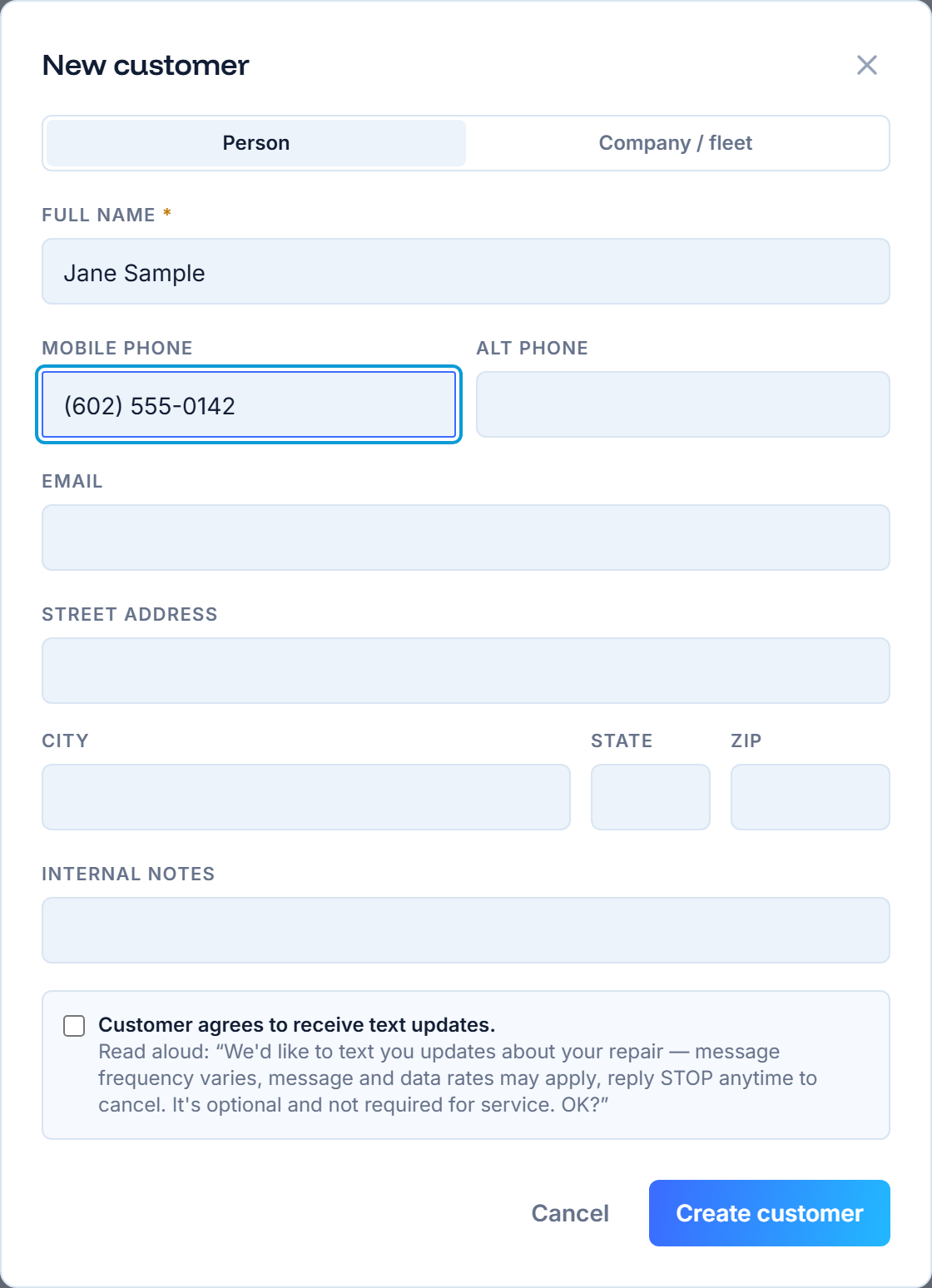 AutoHound customer form showing the optional, unchecked SMS consent checkbox with the read-aloud script